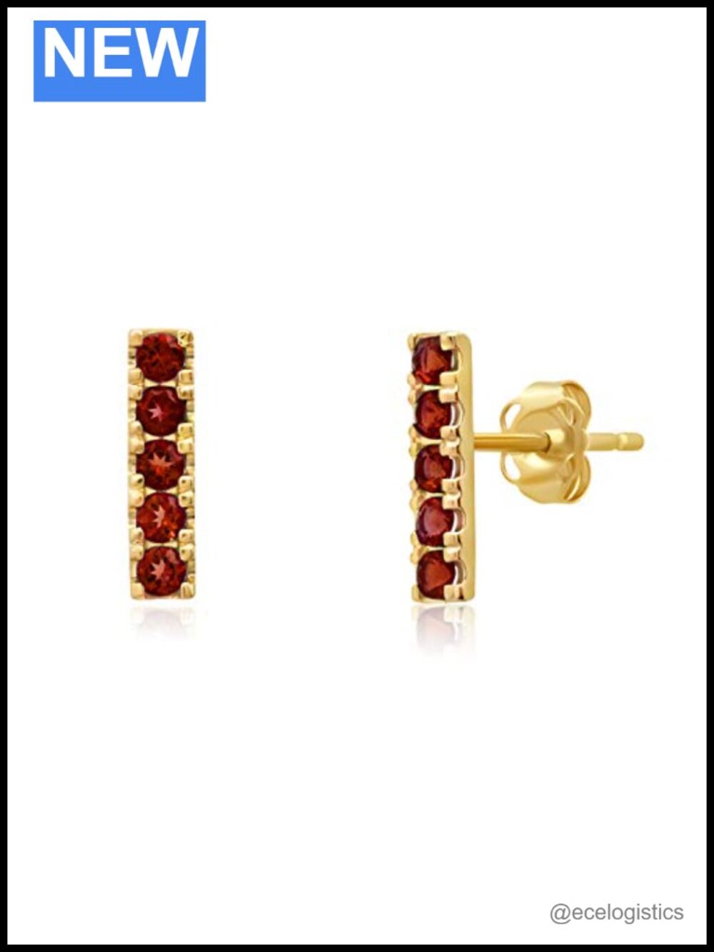 14K Solid Gold Garnet Bar Stud Earrings